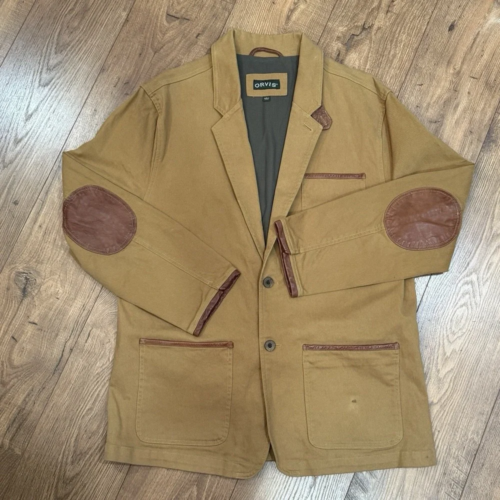 Orvis Blazer Mens L Khaki Zambezi Twill Leather Elbow‎ Patches 2 Button Field